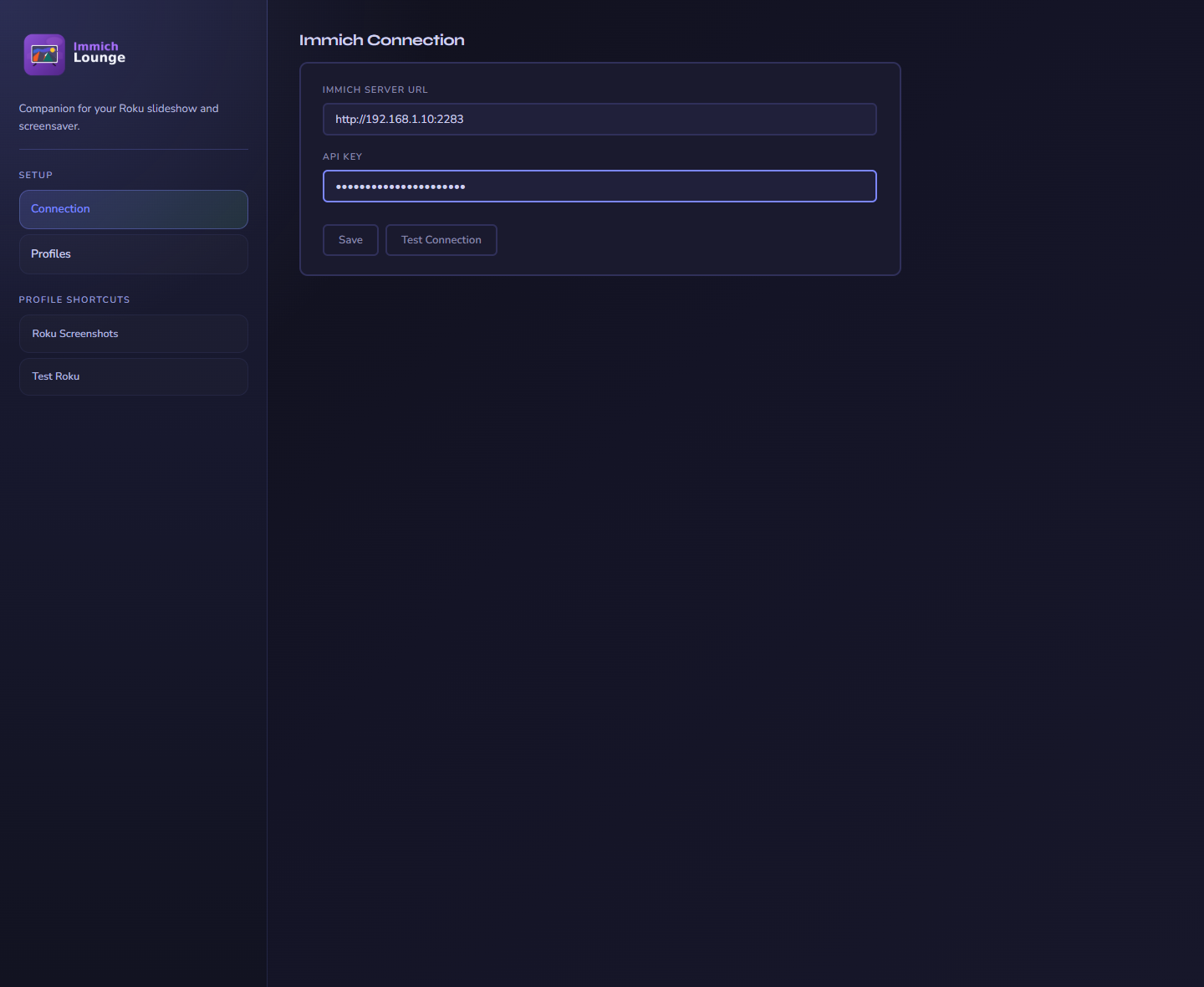 Immich Lounge companion connection page