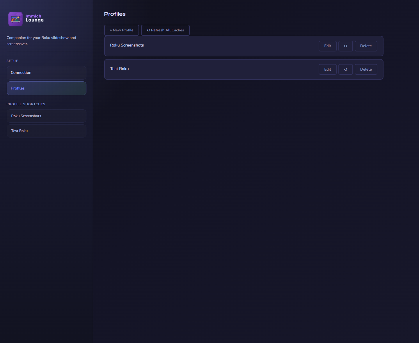 Immich Lounge companion profiles page