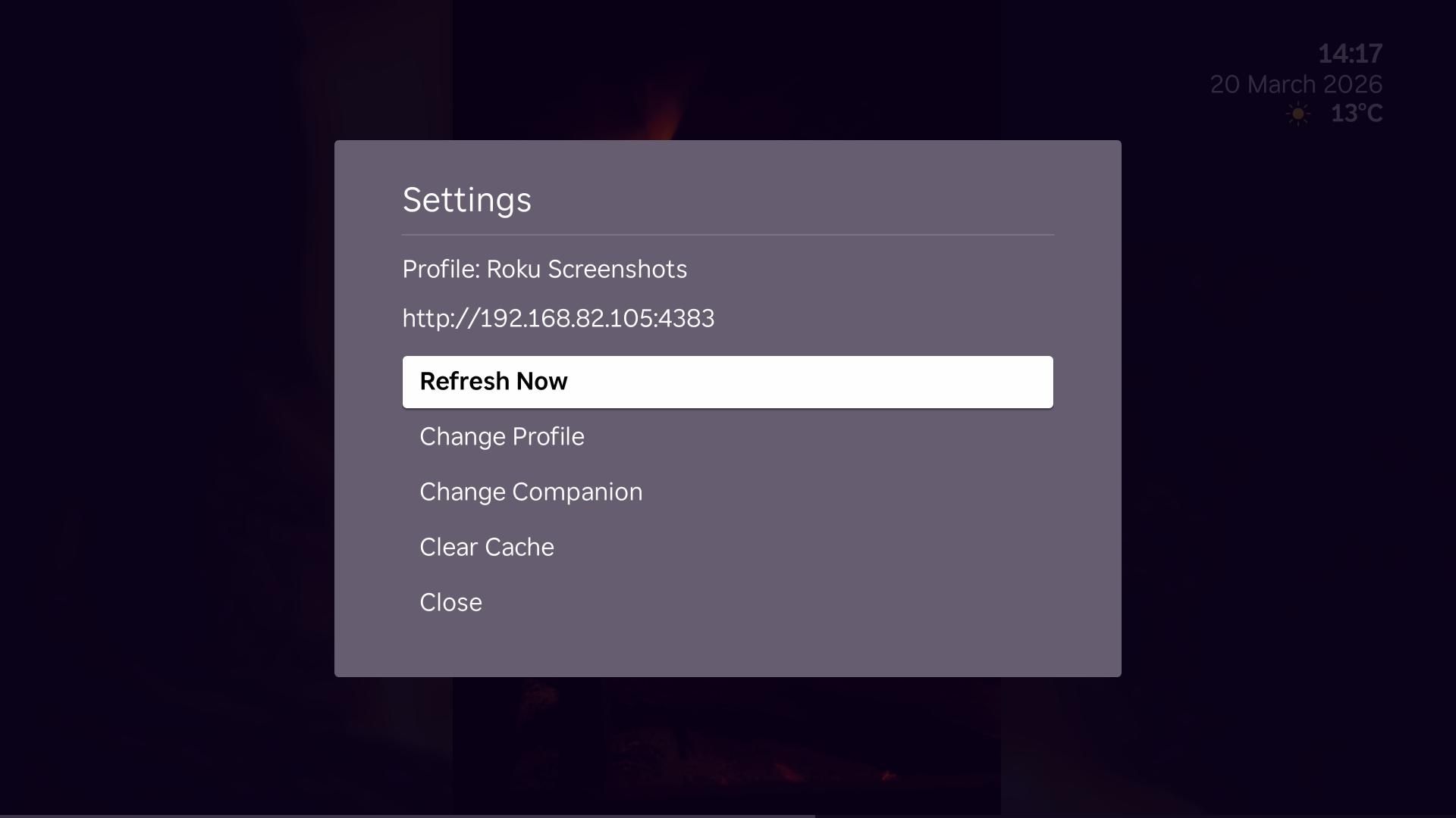 Immich Lounge Roku settings dialog